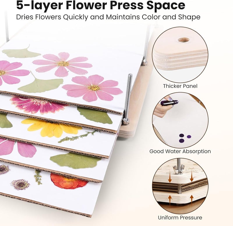 Aboofx Flower Press Kit, Craft Kits 17" x 11.8" 5-Layers Wooden Flower Pressing Kit for Crafts Pressed Flowers and Plant for DIY Art, Preservation for Bookmark Frame Wedding Drying - Image 4
